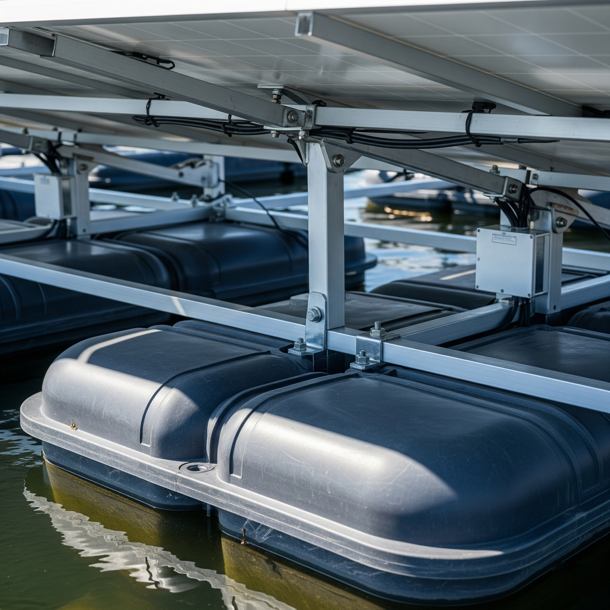 A floating solar panel farm installed by Nanobox on a serene water body